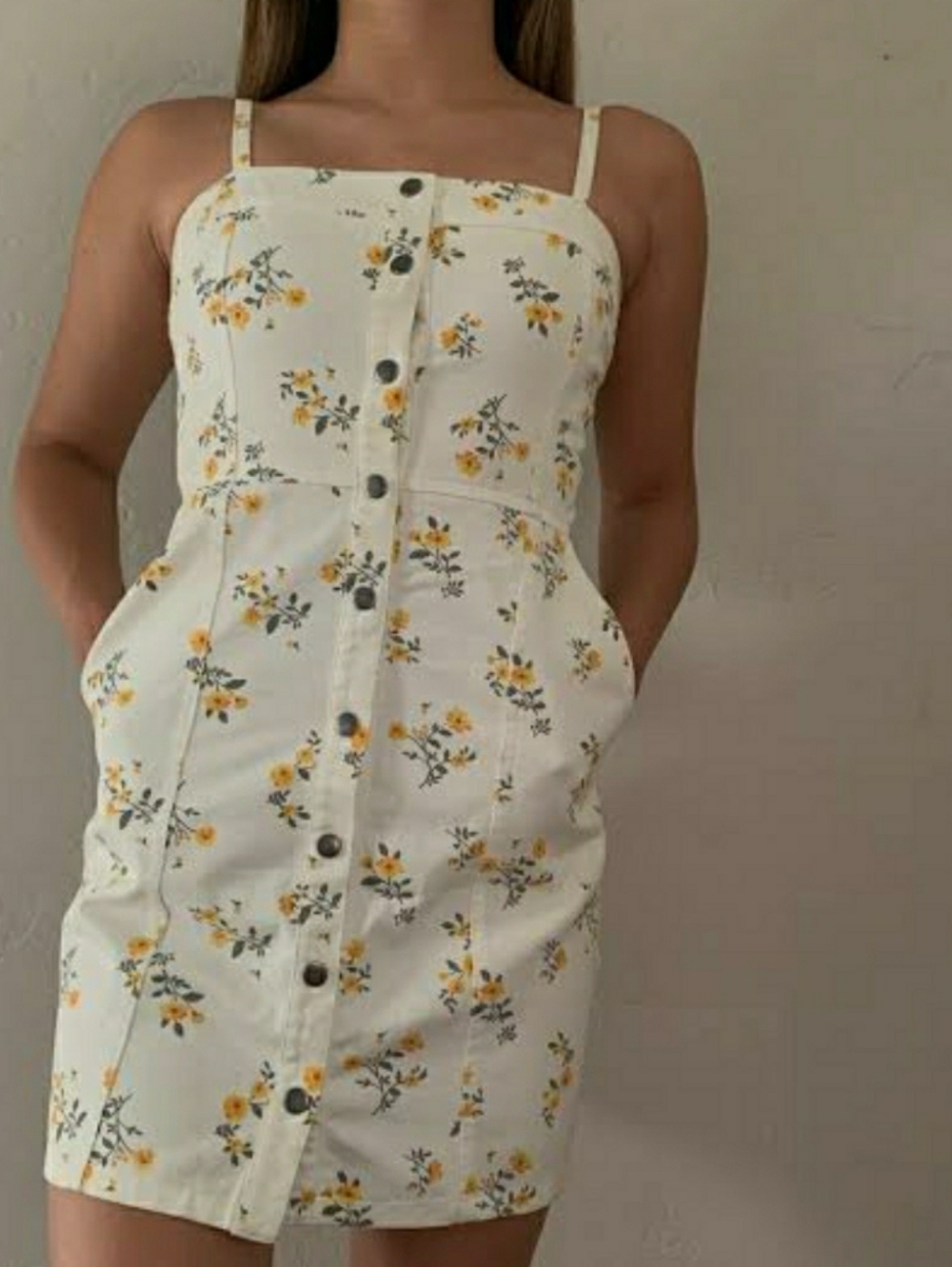 Forever 21 White Denim Floral Mini Dress With Snap Buttons And Adjustable Straps